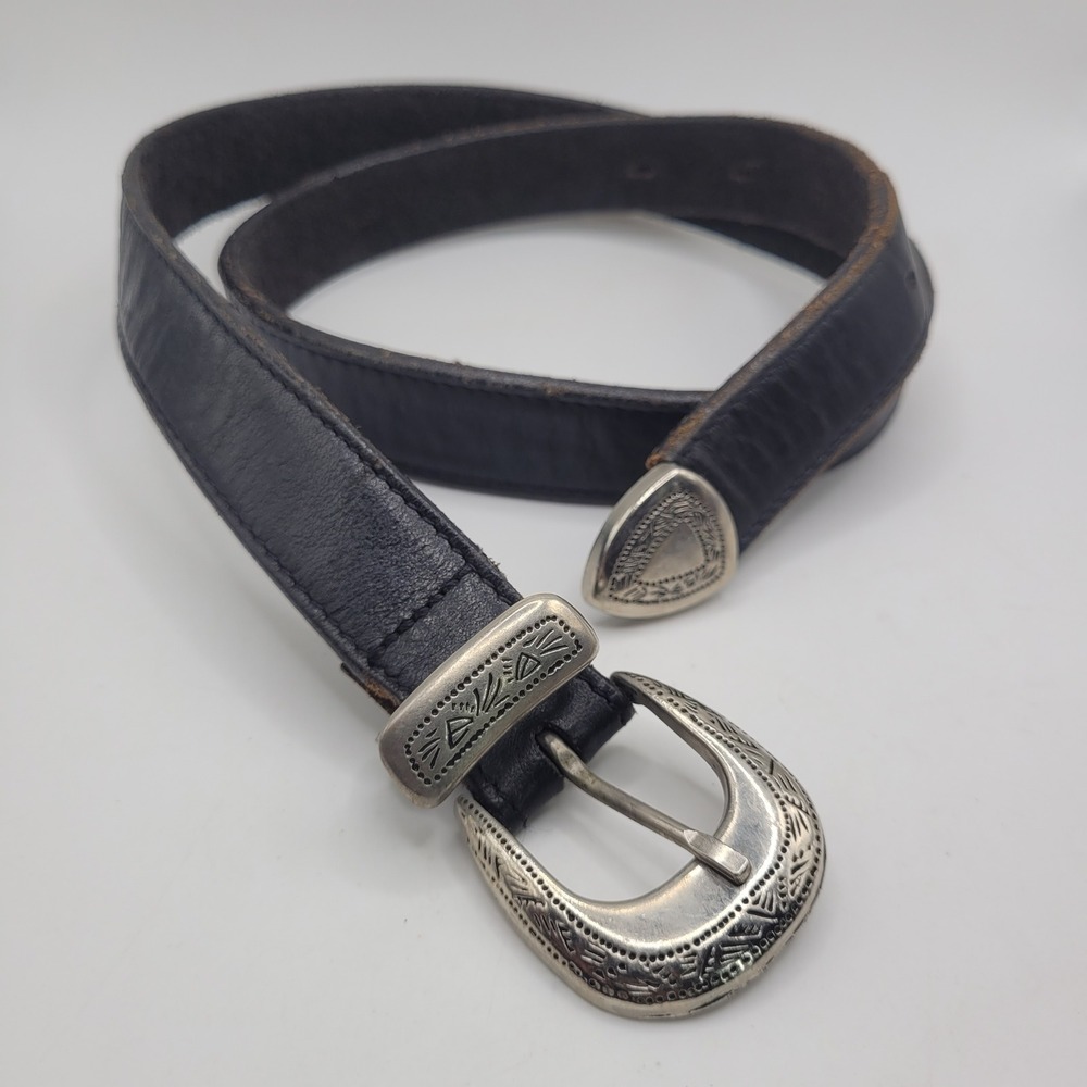 Vintage Black Leather Belt Small Western Engraved Silver Buckle Cowgirl Rodeo